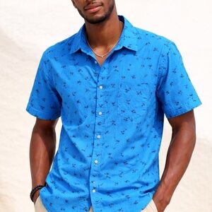 Novelty print 100% cotton Short-Sleeve Button-Down Shirt in‎ Bright Blue L